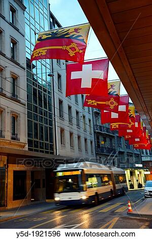 Rue du Rh? ne at dusk, main commercial street of the city, Geneva, Switzerland View Large Photo Image Stock Photograph - Rue du Rh? ne at dusk, main commercial street of the city, Geneva, Switzerland. Fotosearch