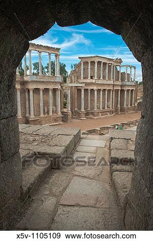 Stock Photo - Ruins of Roman theater, Mrida, Badajoz province, Extremadura, Spain. Fotosearch