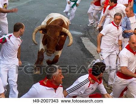 Stock Image - running of the bulls in San Fermin in Pamplona (Navarre).. Fotosearch