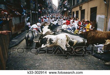Running of the bulls. San Fermin. Pamplona. Navarre. Spain View Large Photo Image Picture - Running of the bulls. San Fermin. Pamplona. Navarre. Spain. Fotosearch
