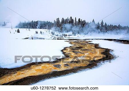 Stock Image - Runoff from the Sawmill Geyser produces brilliant colors from bacteria, microorganisms during the winter at Yellowstone National Park, Wyoming. Fotosearch