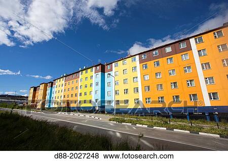 Stock Photo - Russia, Chukotka autonomous district, Anadyr, headtown of the district, buildings painted or decorated with color pictures.. Fotosearch
