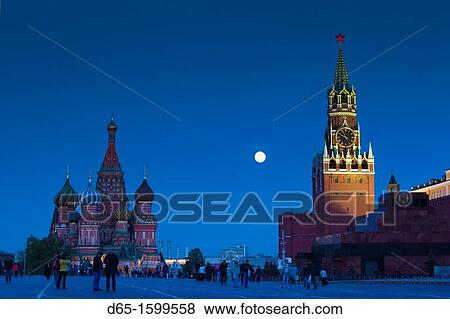 Russia, Moscow Oblast, Moscow, Red Square, Kremlin, Saint Basils Cathedral and Kremlin Spasskaya Tower with moonrise View Large Photo Image Stock Photo - Russia, Moscow Oblast, Moscow, Red Square, Kremlin, Saint Basils Cathedral and Kremlin Spasskaya Tower with moonrise. Fotosearch