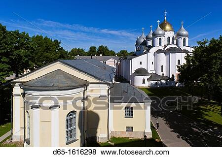 Stock Photo - Russia, Novgorod Oblast, Veliky Novgorod, Novgorod Kremlin, Saint Sofia Cathedral, elevated view. Fotosearch