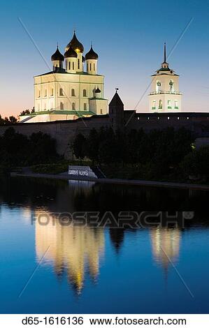 Russia, Pskovskaya Oblast, Pskov, elevated view of Pskov Kremlin and Trinity Cathedral from the Velikaya River, dusk View Large Photo Image Stock Photograph - Russia, Pskovskaya Oblast, Pskov, elevated view of Pskov Kremlin and Trinity Cathedral from the Velikaya River, dusk. Fotosearch