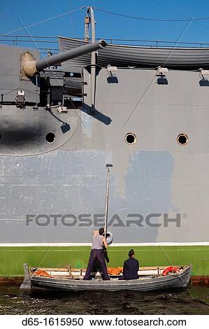 Stock Image - Russia, Saint Petersburg, Petrograd, Cruiser Aurora, fired the first shot of the October Revolution, October, 25, 1917. Fotosearch