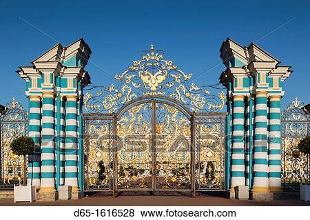 Russia, Saint Petersburg, Pushkin-Tsarskoye Selo, Catherine Palace, palace gate View Large Photo Image Stock Photo - Russia, Saint Petersburg, Pushkin-Tsarskoye Selo, Catherine Palace, palace gate. Fotosearch