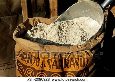Stock Photo - sack of buckweat flour from the Charbonniere Mill, Saint Gregoire, Ille-et-Vilaine department, Brittany region, France, northwest Europe.. Fotosearch
