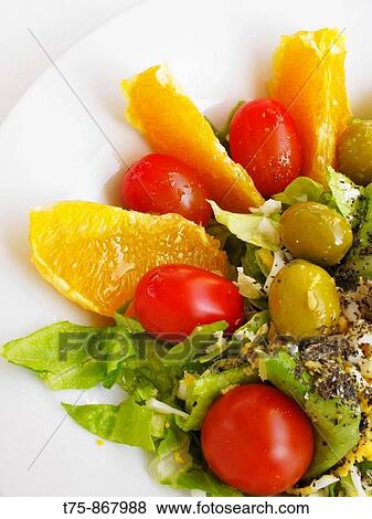 Salad of oranges, tomatoes, lettuce, olives and hard boiled egg View Large Photo Image Stock Photo - Salad of oranges, tomatoes, lettuce, olives and hard boiled egg. Fotosearch