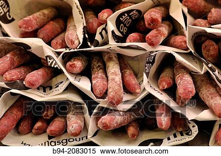 Stock Photography - Salami at La Boqueria market, Barcelona, Catalonia, Spain. Fotosearch