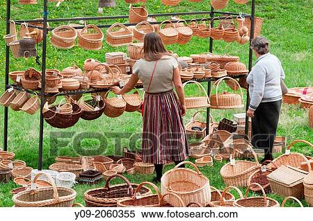 Sale of baskets, Medieval market, Riga, Latvia. View Large Photo Image Stock Photography - Sale of baskets, Medieval market, Riga, Latvia.. Fotosearch
