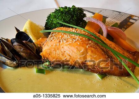 Stock Photography - Salmon, chive sauce Sjobua Restaurant Alesund More og Romsdal, Norwegian fjords, Norway.. Fotosearch