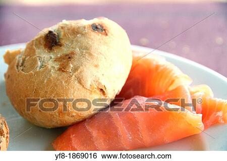Salmon fume and roll bread on plate View Large Photo Image Stock Photograph - Salmon fume and roll bread on plate. Fotosearch