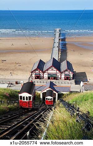 Picture - Saltburn Cliff Tramway and Pier in Summer Saltburn by the Sea Redcar and Cleveland England.. Fotosearch