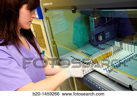 Stock Photograph - Sample loading, TECAN automated samples handling, DNA and RNA biobank, extraction and storage of DNA/RNA from blood samples, Biodonostia Health and Biomedicine Research Institute, San Sebastian, Donostia, Gipuzkoa, Euskadi, Spain. Fotosearch
