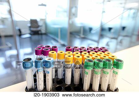 Stock Image - sample tubes of blood, Boxes chemotherapy, Onkologikoa Hospital, Oncology Institute, Case Center for prevention, diagnosis and treatment of cancer, Donostia, San Sebastian, Gipuzkoa, Basque Country, Spain. Fotosearch