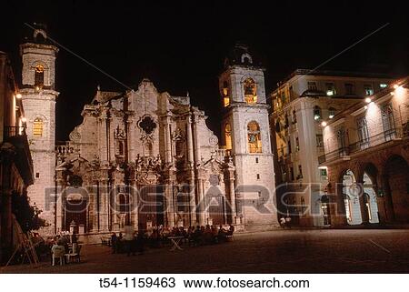 Stock Image - San Christobal Cathedral in Havana at Night. Fotosearch