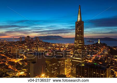 Stock Photo - San Francisco skyline with Transamerica Pyramid at night, California, USA. Fotosearch