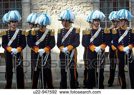 Stock Image - San Marino Republic, soldiers in high uniform during the 1st October Capitani Reggenti (Ruling Captains) parade. Fotosearch