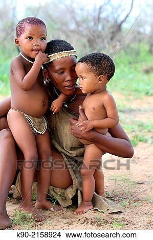 Picture - San mother with her kids, Namibia, Africa.. Fotosearch
