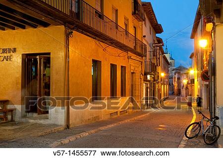 Stock Photo - San Pedro street, night view. Tordesillas, Valladolid province, Castilla Le? n, Spain.. Fotosearch