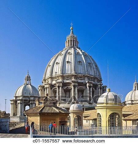 Stock Photo - San Pietro, St Peter's basilica, roof terrace and cupola, Vatican City, Rome, Italy. Fotosearch