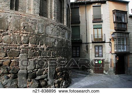 Stock Photography - San Vicente Church apse and Alfileritos street in Toledo, Spain The Church, Mudejar style, was built in the XVI century and nowadays it is the site of the Circulo de Arte. Fotosearch