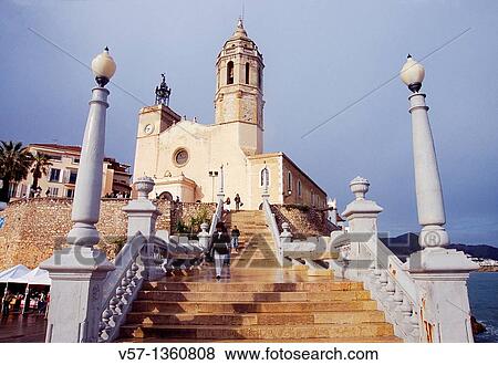 Sant Bartomeu i Santa Tecla church and staircase. Sitges, Barcelona province, Catalonia, Spain. View Large Photo Image Stock Photo - Sant Bartomeu i Santa Tecla church and staircase. Sitges, Barcelona province, Catalonia, Spain.. Fotosearch