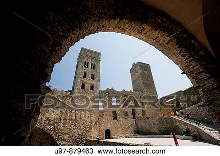 Stock Image - Sant Pere de Rodes Romanic Monastery, Port de la Selva, Emporda, Cap de Creus, Girona Province, Catalonia, Spain. Fotosearch