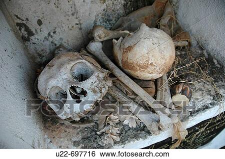 Stock Photograph - Santa Cruz, near Panjim Goa, India: skulls and bones at the local cemetery. Fotosearch