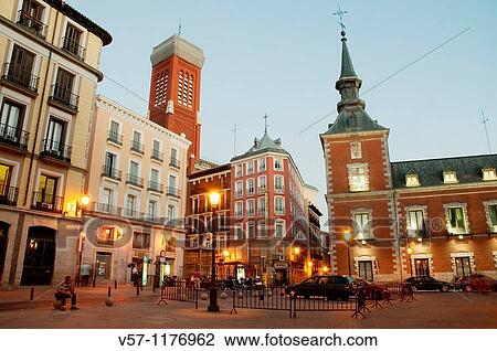 Stock Image - Santa Cruz Square, night view. Madrid, Spain.. Fotosearch
