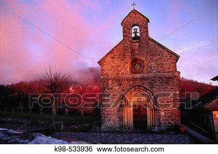 Stock Photograph - Santiago church (s. XIII), Camino de Santiago. Roncesvalles. Valle de Salazar. Pyrenees. Navarra. Spain.. Fotosearch