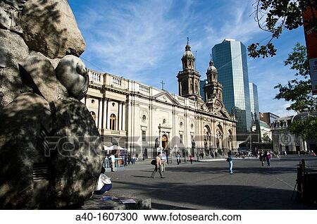 Stock Image - Santiago de Chile. Plaza de Armas and The Metropolitan Cathedral of Santiago (1748-1800). National Monument.. Fotosearch