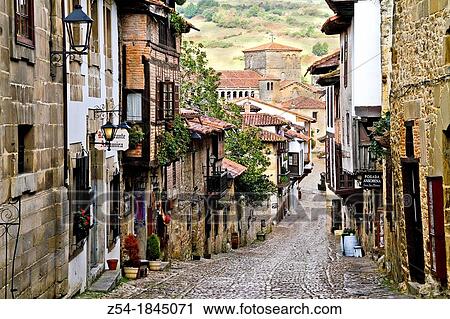 Stock Image - Santillana del Mar with the Collegiate church in background. Fotosearch