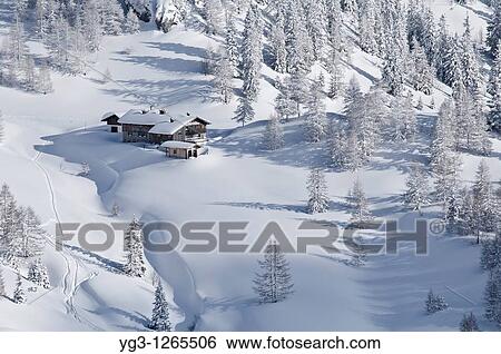 Stock Photograph - Schneibsteinhaus near Torrener Joch pass 1733m in winter viewed from Jenner, Berchtesgaden national park, Germany. Fotosearch