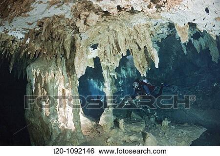 Stock Photograph - Scuba diver at Dos Ojos Cenote, Playa del Carmen, Yucatan Peninsula, Mexico. Fotosearch