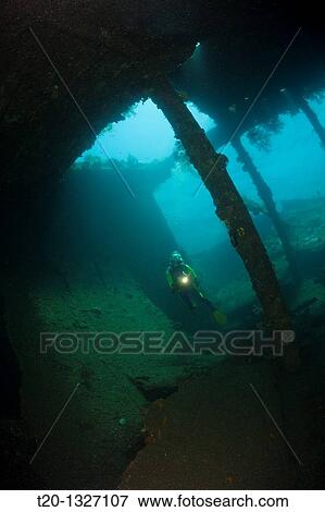 Stock Photo - Scuba Diver at Liberty Wreck, Tulamben, Bali, Indonesia. Fotosearch