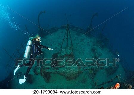Picture - Scuba Diver at Maldive Victory Wreck, North Male Atoll, Indian Ocean, Maldives. Fotosearch