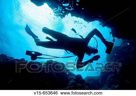 Stock Photograph - Scuba diver diving on reef. Fotosearch