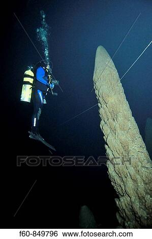 Scuba diver explores underwater cones in cave, Anhumas abyss, Bonito, Mato Grosso do Sul, Brazil View Large Photo Image Stock Photograph - Scuba diver explores underwater cones in cave, Anhumas abyss, Bonito, Mato Grosso do Sul, Brazil. Fotosearch