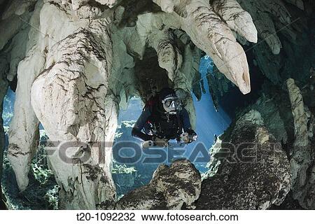 Stock Image - Scuba Diver in Gran Cenote, Tulum, Yucatan Peninsula, Mexico. Fotosearch