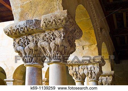 Stock Photo - Sculpted capitals in the cloister of the Abbey of Santo Domingo de Silos, Burgos province, Castilla-Leon, Spain. Fotosearch