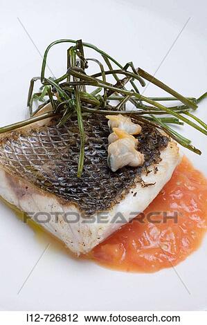 Sea bass with tomato coulis and cockles at restaurant Espaa by chef Hector Lopez, Lugo. Galicia, Spain View Large Photo Image Stock Image - Sea bass with tomato coulis and cockles at restaurant Espaa by chef Hector Lopez, Lugo. Galicia, Spain. Fotosearch