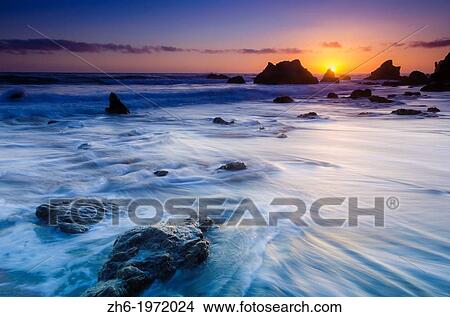 Picture - Sea stacks at sunset, El Matador State Beach, Malibu, California USA.. Fotosearch