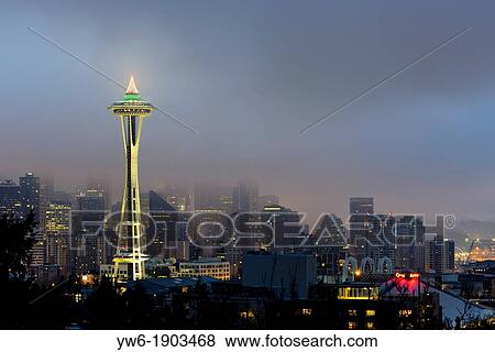 Seattle Skyline and Space Needle at dawn viewed from Kerry Park, Washington, USA View Large Photo Image Stock Photo - Seattle Skyline and Space Needle at dawn viewed from Kerry Park, Washington, USA. Fotosearch