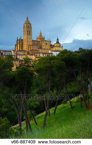 Stock Photo - Segovia Cathedral late Gothic style, seen from the Pinarillo. Fotosearch