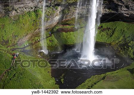 Stock Image - Seljalandsfoss Waterfalls, Iceland Walking path behind falls. Fotosearch