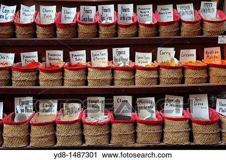 Stock Image - Selling different types of teas and spices in Granada, Andalusia, Spain. Fotosearch