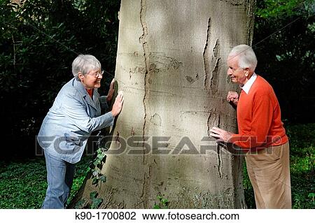 Stock Image - Senior caucasian couple standing playful at a tree trunk, hiding, Hamburg, Germany, Europe. Fotosearch