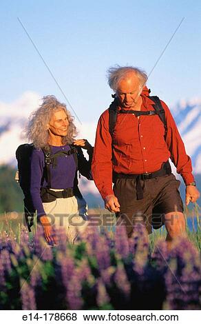 Senior couple hiking in lupine field. Chugach National Forest. Alaska. USA View Large Photo Image Stock Photo - Senior couple hiking in lupine field. Chugach National Forest. Alaska. USA. Fotosearch